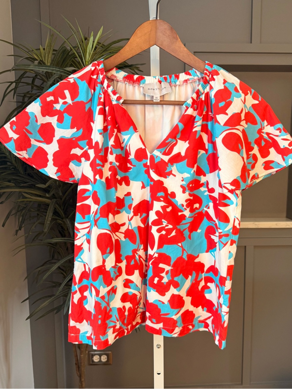 ADELYN RAE Red Blue Floral Puff Sleeve Cotton Blouse XS